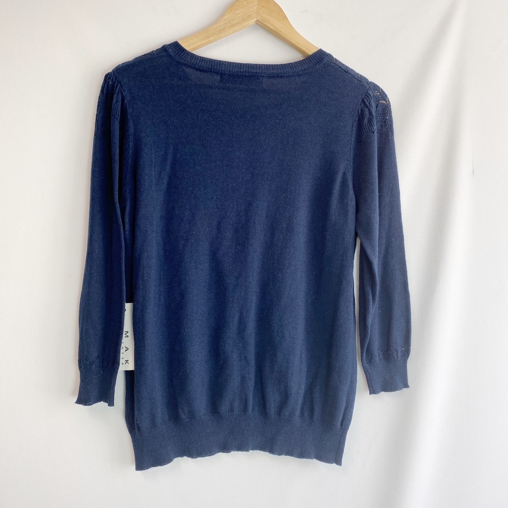 MAK sweater crew neck 3/4 sleeve knit cardigan navy - Picture 3 of 4